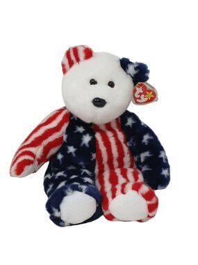Ty Beanie Buddy Spangle Bear Plush Red White Blue Stars Stripes 1999 14"  #S1-C
